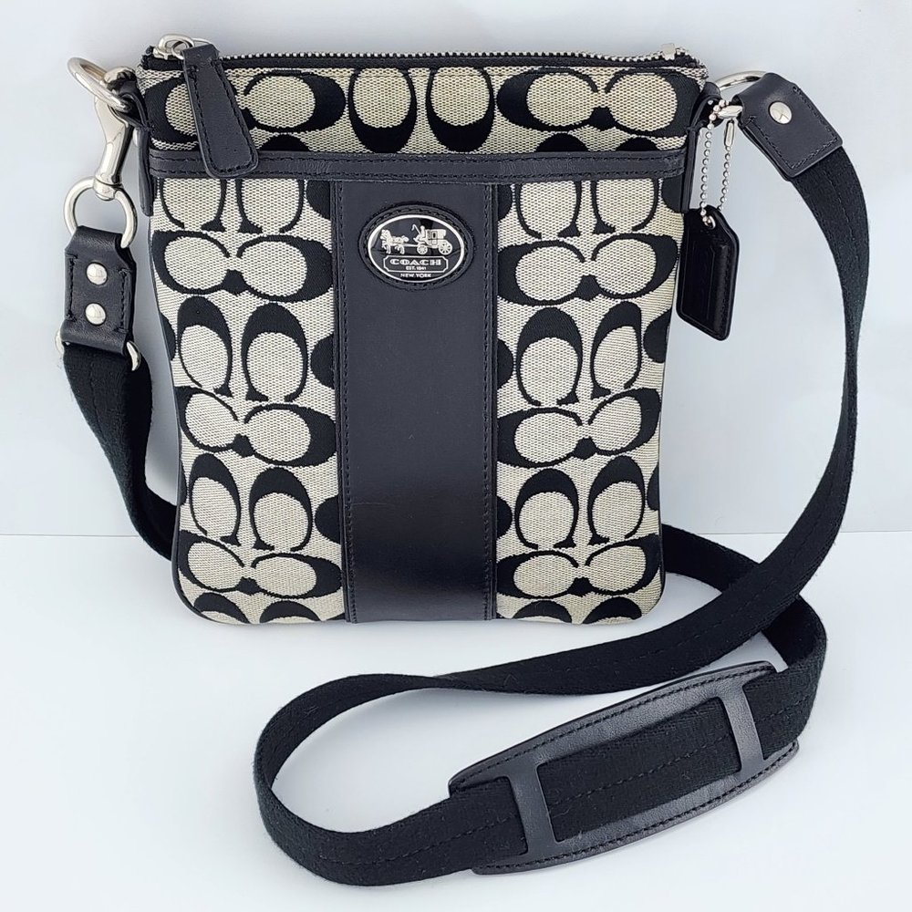 Coach Signature Jacquard Messenger Crossbody Black and Cream